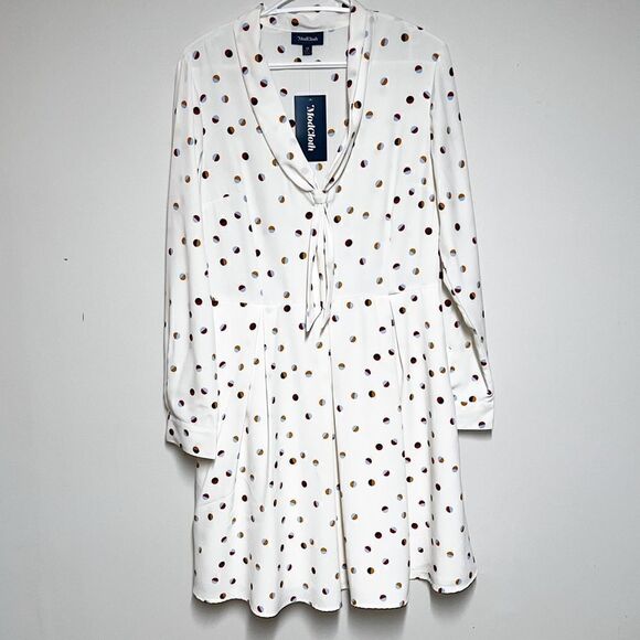 NWT ModCloth Pleasant Confidence Dress Polka Dot Tie Cream Pleats Pockets Sz 12 - Picture 2 of 8